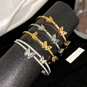 Titanium Steel Butterfly Bracelet For Women Elegant Matte Frosted Bangle Gold Silver Rose Gold Rhinestone Jewelry Gift