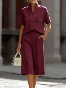 Completo Due Pezzi Casual Donna Top Tinta Unita Collo a V Maniche Corte e Pantaloni Larga