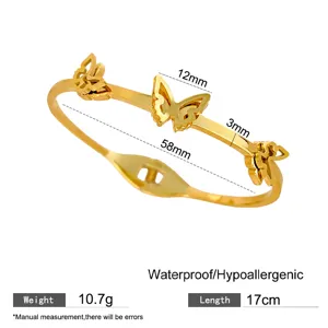 Macro view of gold butterfly titanium steel bracelet showing 58mm diameter and 17cm length