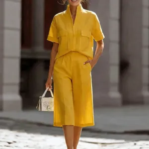 Completo casual giallo vivo due pezzi camicia maniche corte e pantaloni larghi principale