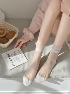 Detailed close-up of sheer crystal mid-tube socks with glitter, summer ultra-thin JK style.