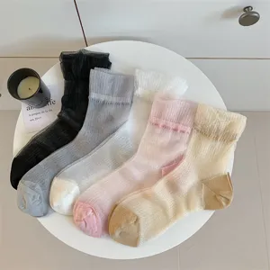 Women summer ultra thin sheer crystal socks sweet Lolita transparent JK mid tube socks breathable