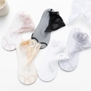 Women breathable sheer lace crystal socks summer thin transparent short socks flat lay