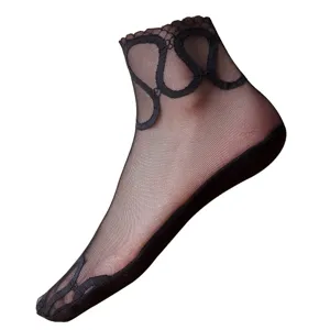Black sheer lace ankle socks for women, sheer crystal silk short socks with floral lace trim.