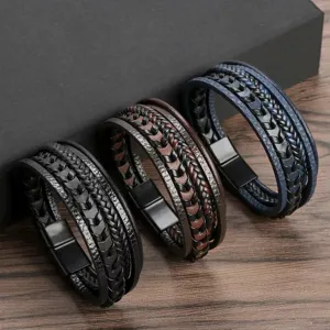 Multi-layer Braided Leather Bracelet For Men Vintage PU Leather Wristband With Magnetic Buckle Fashion Male Hand Jewelry