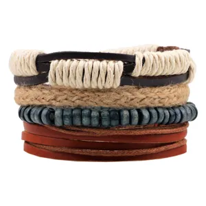 Detailed view of the multi-layer woven bracelet featuring leather, hemp rope, and wooden beads.