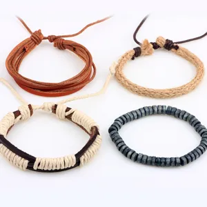 Handmade 4-piece braided leather hemp rope and wood bead bracelet vintage bohemian set.