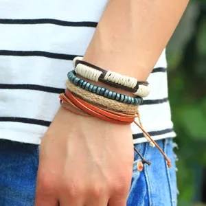 Multi-layer leather rope wooden bead bracelet set, boho wrap braided wristband jewelry main image.