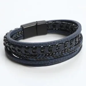 Men's multi-layer braided leather bracelet with sleek magnetic metal clasp detail.
