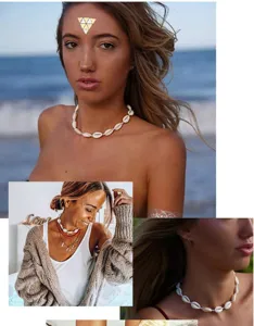 Detalle de collar de conchas kauri, joyería de estilo playa bohemia presentación.