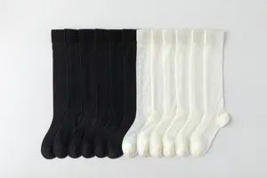 Detailed view of knee high stockings featuring various knit patterns including hearts and diamonds.