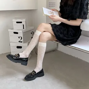 Summer sheer floral knee high socks for women, trendy transparent JK cute mid calf socks.