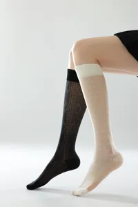 Sheer knee-high socks with heart and diamond patterns, Japanese JK style thin socks for women.