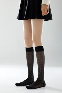 Classic black sheer knee-high socks with elegant diamond pattern for daily women fashion.