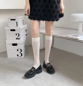 Sheer ultra-thin white knee high socks for women, cute Japanese JK style detail display.