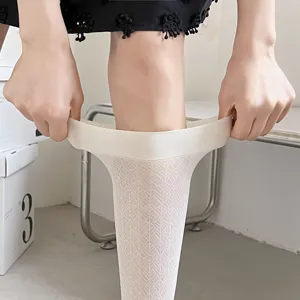 Elastic thin mesh calf socks detail view, showing breathable sheer fabric and stretchability.