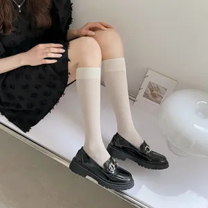 Sheer summer calf socks for women, trendy Japanese JK style cute knee high socks detail view.