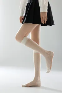 Translucent knee high socks for women, breathable mesh cable knit design, summer hosiery.