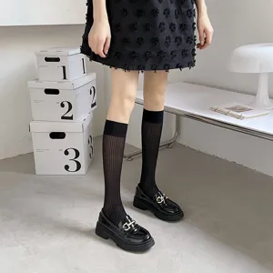 Summer sheer thin calf socks for women, cute Japanese JK style knee high black hosiery.