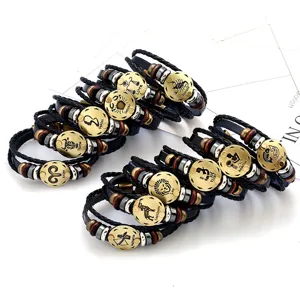 Vintage multi-layer braided leather bracelet with zodiac sign brass charms for couple