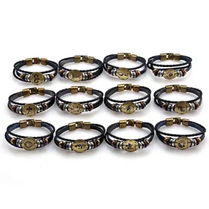 Vintage 12 constellations leather bracelet set for men and women, braided multi-layer wristband.