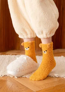 Cute bear fuzzy winter socks with 3D ears and plush texture, warm sleep floor stockings.
