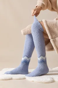 Warm winter over-the-knee coral fleece socks, cozy thick fuzzy home sleep floor socks for cold days.