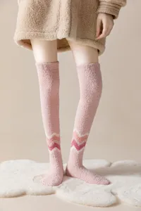 Cozy women fuzzy over the knee socks winter warm coral fleece long stockings pink chevron detail