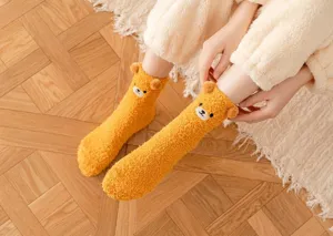 Cozy thick coral fleece winter socks for women with cute 3D bear ears and sweet embroidery.