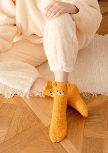 Cute fluffy bear fuzzy socks for women winter warm coral fleece sleep floor home socks