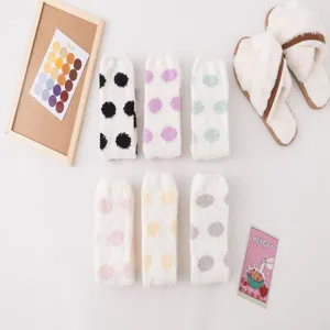 Cute polka dot coral fleece fuzzy socks for women, cozy winter thermal knee high home sleep socks.