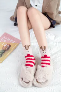 Christmas coral fleece women fuzzy socks with cute 3D reindeer antlers for winter warm wear