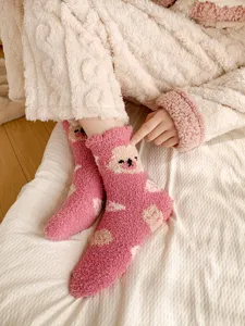 Cozy women thick coral fleece bear socks, soft warm cute winter home sleep floor socks.