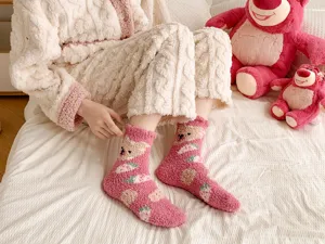 Cute fuzzy fleece socks for women, thick winter warm sleep socks with bear patterns.