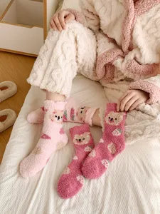 Cozy coral fleece women winter thick warm socks cute bear pattern sleep floor socks mid tube