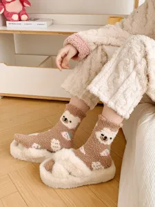 Cozy winter thick coral fleece crew socks for women featuring cute bear and strawberry design.