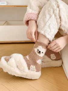 Fluffy cute bear winter socks detail, thick coral fleece home floor socks for women cozy.