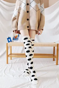 Women over-the-knee coral fleece fuzzy socks cute polka dot winter warm thigh high hosiery