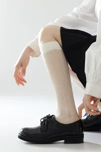 White translucent calf socks for women, spring summer JK style diamond pattern knee high socks.