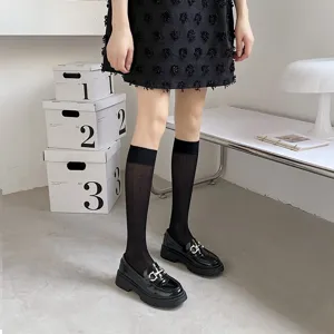Transparent summer knee high socks for women, thin sheer calf hosiery with stylish design.