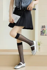 Black mesh knee-high socks breathable sheer long stockings for women daily wear style
