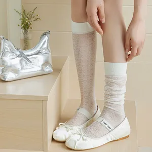 White sheer summer knee-high socks with cute heart pattern sweet JK style hosiery main view