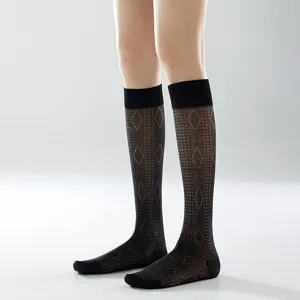 Women black sheer knee high socks diamond pattern sheer long stockings vintage hosiery