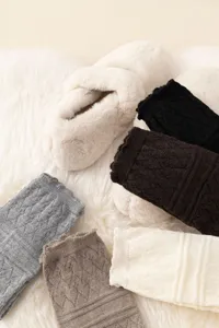 Cozy knit leg warmers and plush fluffy slippers set, soft winter warm foot accessories.