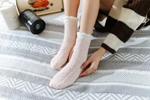 Cozy Japanese style coral fleece mid-tube women socks, thick warm winter floor socks.