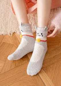 Schattige pluche katten sokken voor dames, dikke warme koraalfleece gezellige huisslaapsokken.