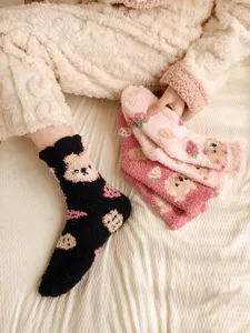 Thickened coral fleece socks with cute bear and strawberry patterns for cozy winter home wear.