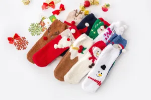 Cozy coral fleece Christmas socks for women, featuring cute 3D cartoon designs for warm winter wear.