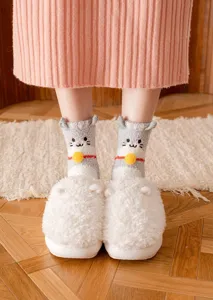 Gedetailleerd overzicht van schattige pluche kattensokken en warme pantoffels thuis.