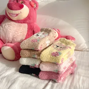 Cute fuzzy winter warm coral fleece socks for women, thick sweet bear sleep floor socks.